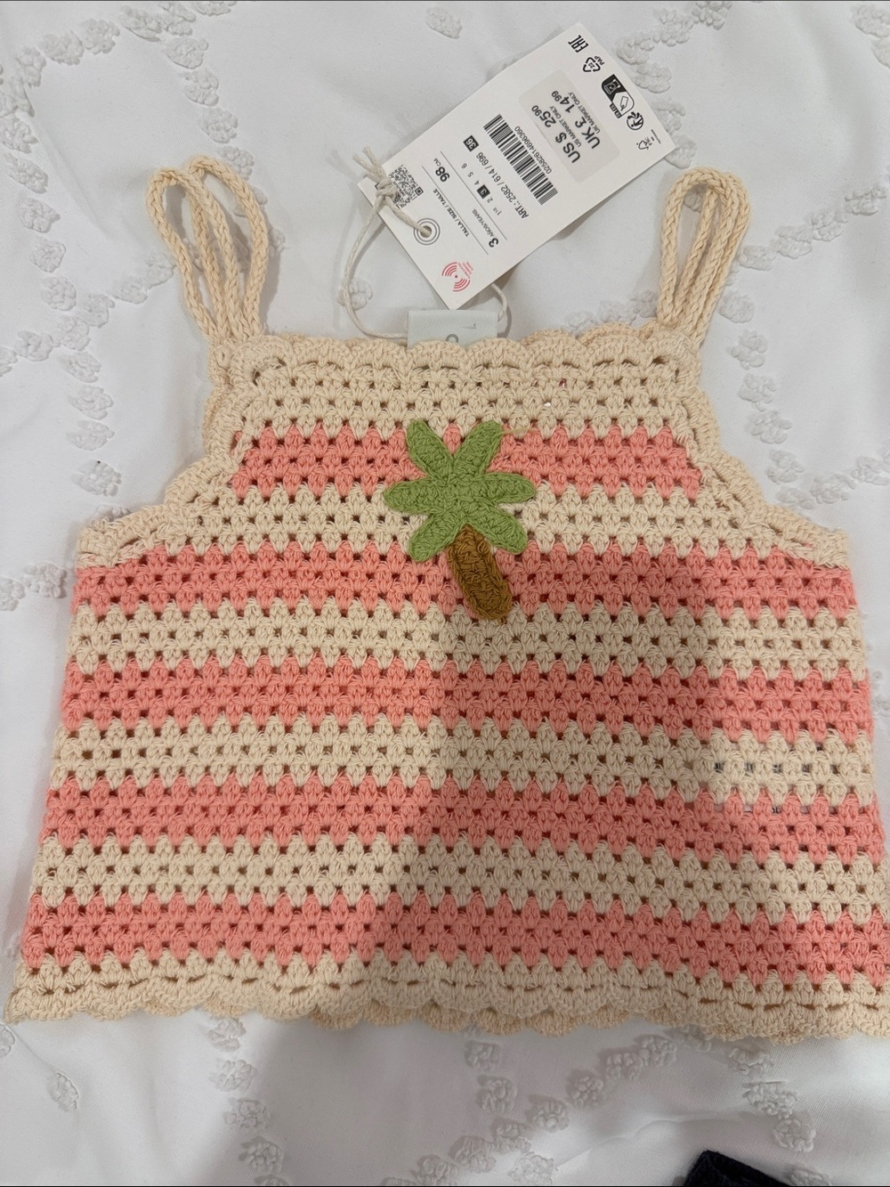 Zara Crochet Stripe Tank Top in Pink & Cream with Palm Applique